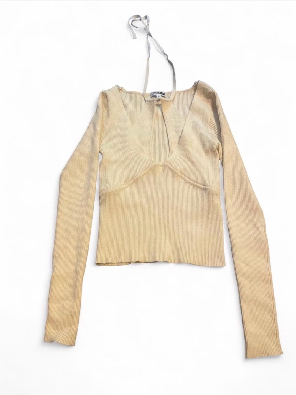 Fashion Nova Cream Ribbed V-Neck Long Sleeve Top